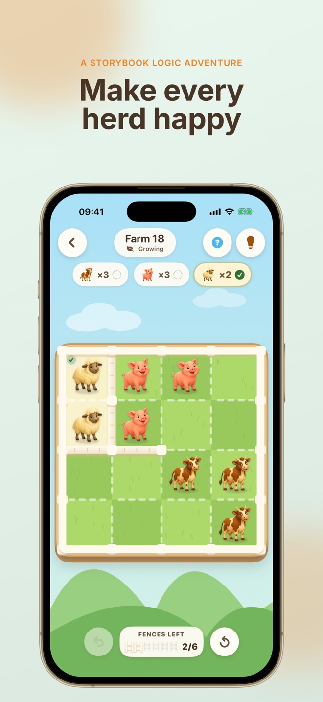 Pip's Farm gameplay showing animals and a fence puzzle