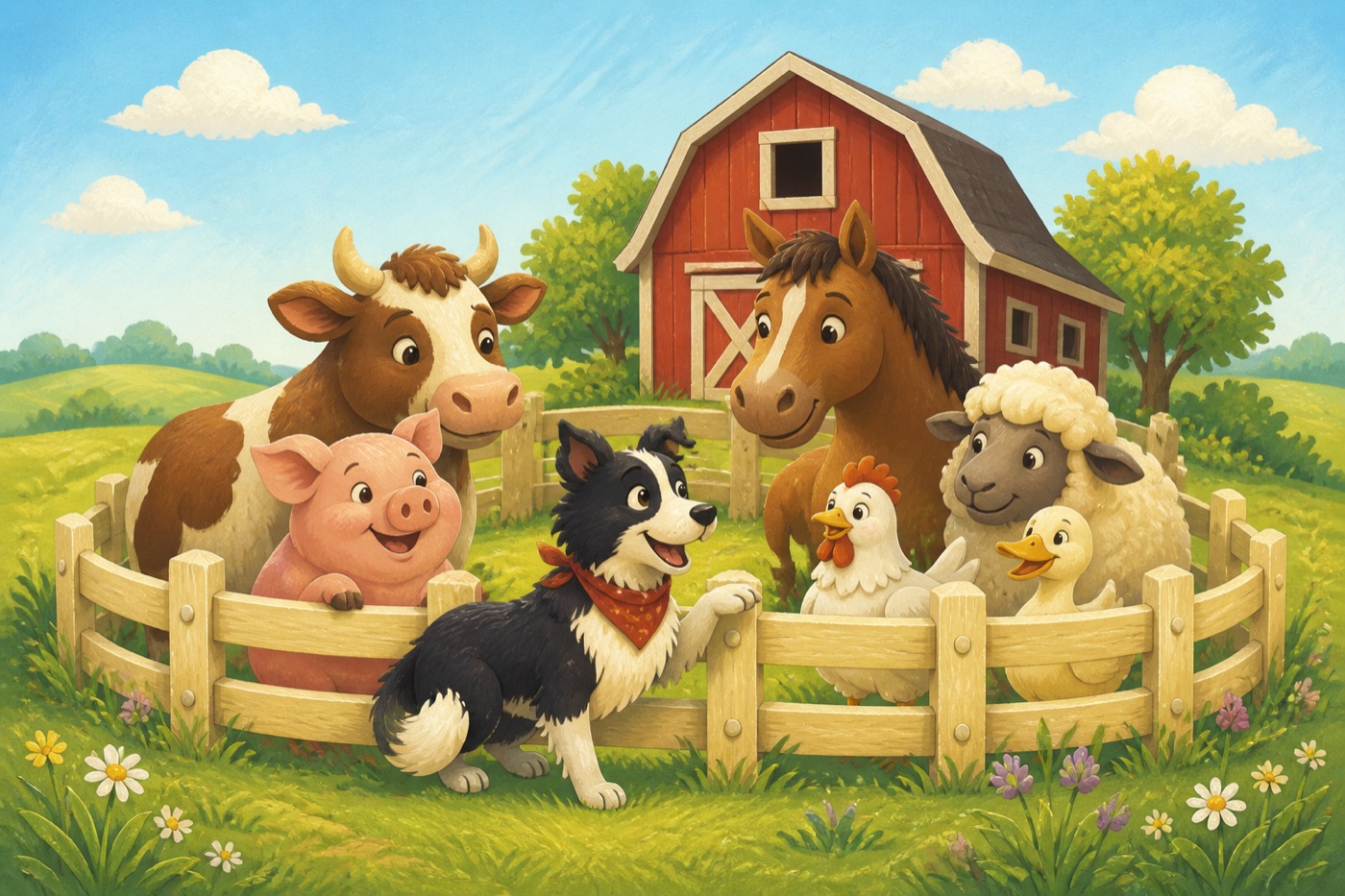 Pip and the animals together at the farm